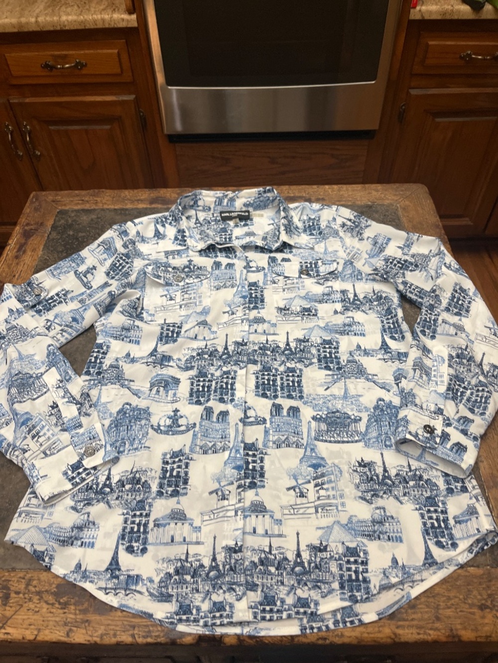 NWOT Karl Lagerfeld Blue/White Parisian City Scape Button Down Shirt. Sz.M. - Picture 11 of 14